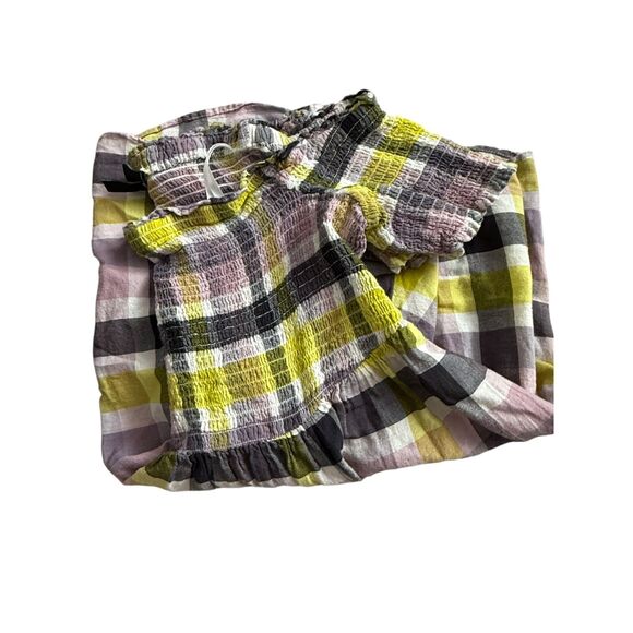 Torrid Smocked Off-Shoulder Plaid Peplum Blouse Yellow Lavender Black Sz M/L - Picture 3 of 7